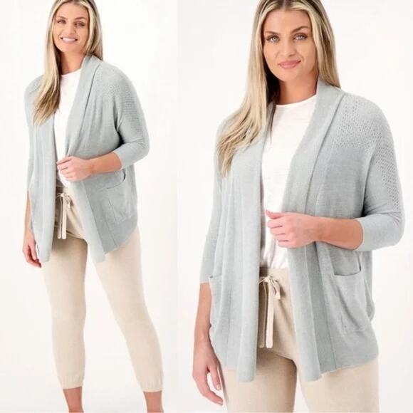 NWT Barefoot Dreams CozyChic Ultra Lite Pointelle Cardi sz L / XL Waterfall Sage - Picture 3 of 14